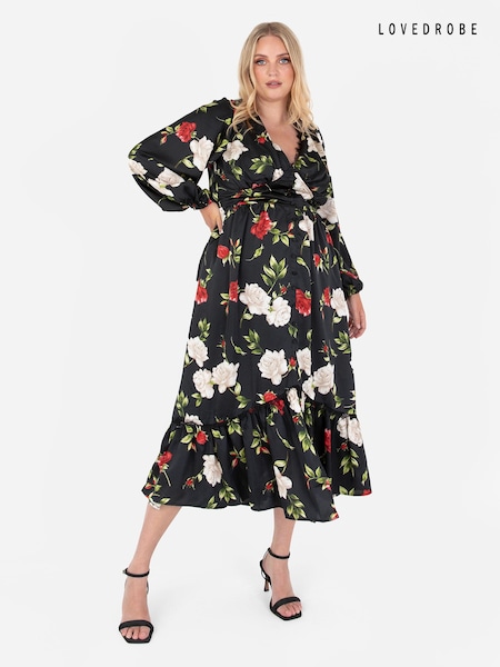 Lovedrobe Printed Lace Trim Black Midaxi Dress (Q88978) | €39