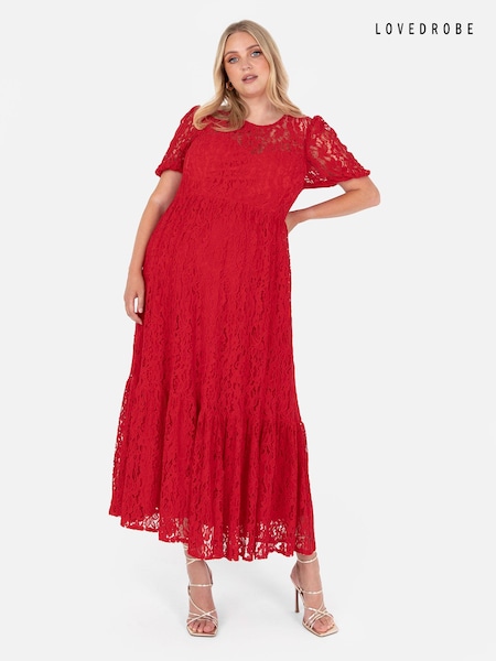 Lovedrobe Red Lace Puff Sleeve Midaxi Dress (Q88990) | €39