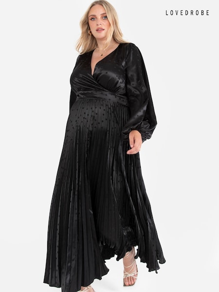 Lovedrobe Jacquard Satin Pleated Black Midaxi Dress (Q89001) | €56