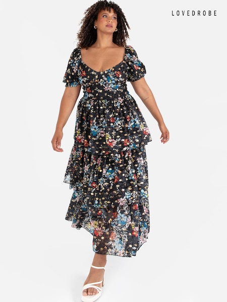 Lovedrobe Blue Foil Printed Lace Tiered Hem Midaxi Dress (Q89002) | €31