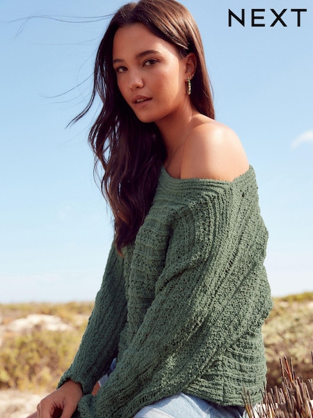 Green Knitted Long Sleeve Off The Shoulder Top (Q89103) | €9