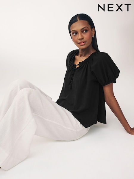 Black Short Sleeve Tie Neck Bardot Blouse (Q89108) | €10