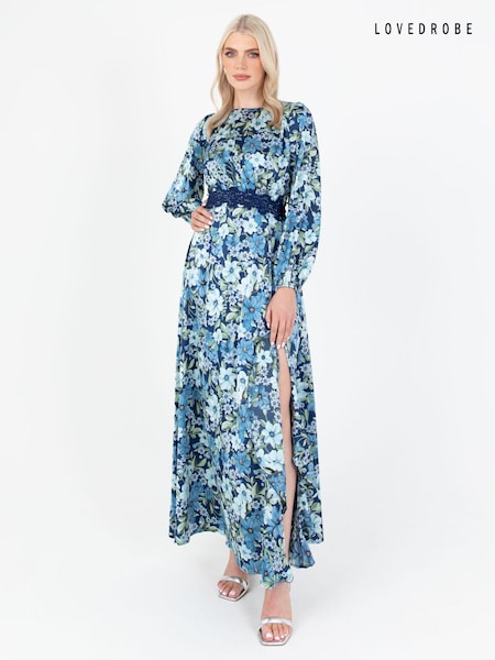Lovedrobe Blue Floral Print Satin Maxi Dress with Lace Trim (Q89133) | €28