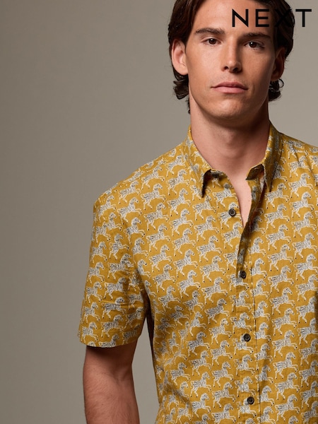 Yellow Linen Blend Printed Short Sleeve Shirt (Q89144) | AED91