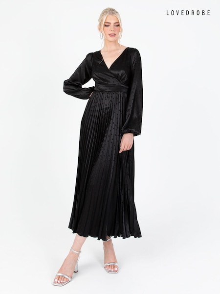 Lovedrobe Jacquard Satin Pleated Black Midaxi Dress (Q89165) | 73 €