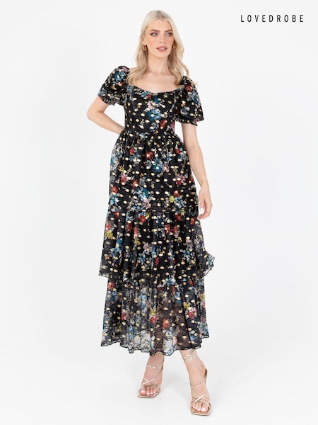 Lovedrobe Blue Foil Printed Lace Tiered Hem Midaxi Dress (Q89173) | 36 €