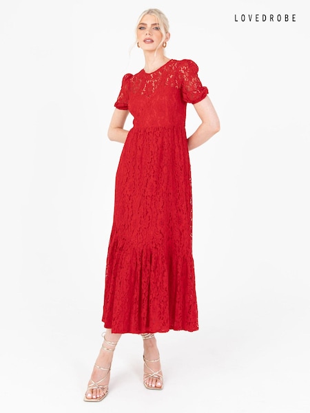 Lovedrobe Red Lace Puff Sleeve Midaxi Dress (Q89175) | €59