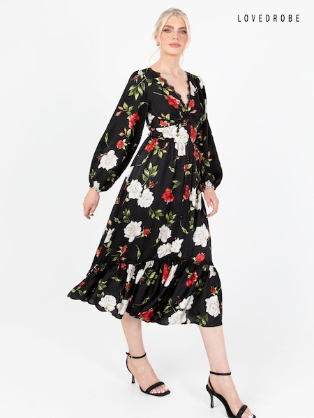 Lovedrobe Printed Lace Trim Black Midaxi Dress (Q89178) | €39