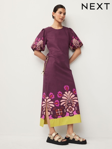 Wine Red Floral Placement Ruched Side Puff Sleeve Midi Dress (Q89182) | €30