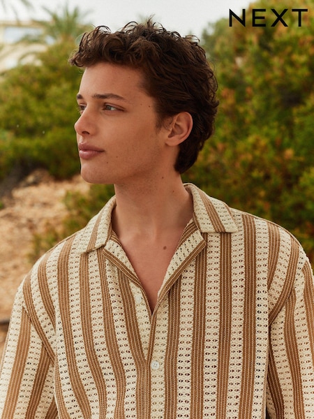 Neutral Stripe Crochet Short Sleeve Shirt (Q89246) | €13