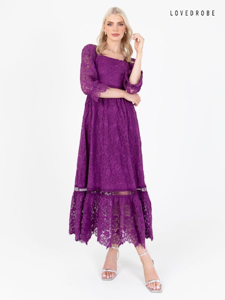 Lovedrobe Purple Square Neck Lace Midaxi Dress (Q89412) | €54