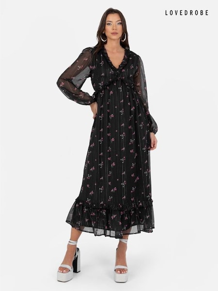 Lovedrobe Print Floral Frill Detail Black Midaxi Dress (Q89454) | €40