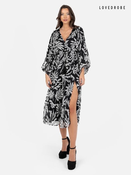 Lovedrobe Floral Balloon Sleeve Black Midi Dress (Q89459) | €14