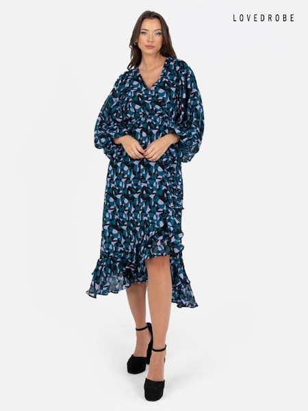 Lovedrobe Blue Printed Ruffle Detail Midi Dress (Q89463) | € 18