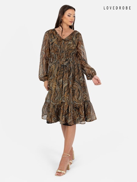 Lovedrobe Brown Printed Shirred Waist Midi Dress (Q89465) | €26