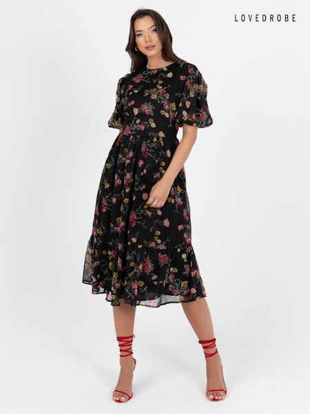 Lovedrobe Floral Print Puff Sleeve Black Midi Dress (Q89471) | €19