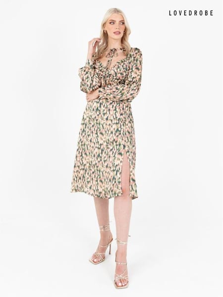 Lovedrobe Green Printed Twist Front Tie Neck Satin Midi Dress (Q89477) | €28