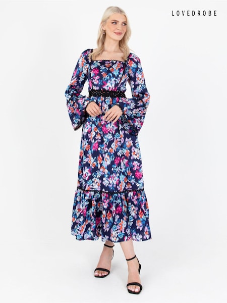 Lovedrobe Blue Print Lace Trimmed Satin Midaxi Dress (Q89479) | €39