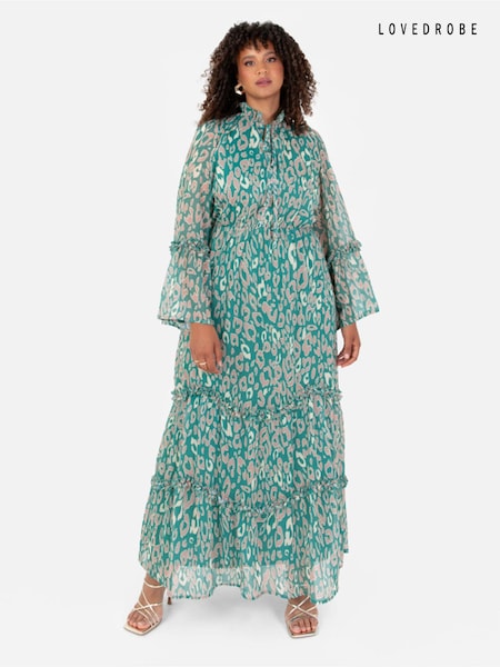 Lovedrobe Green Animal Print Tie Neck Maxi Dress (Q89492) | AED235