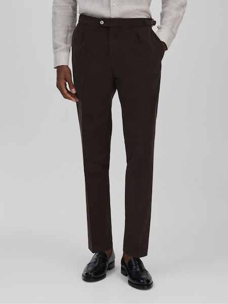 Темно-коричневий - Oscar Jacobson Slim Fit Adjustable Cotton Trousers (Q89522) | 13 758 грн