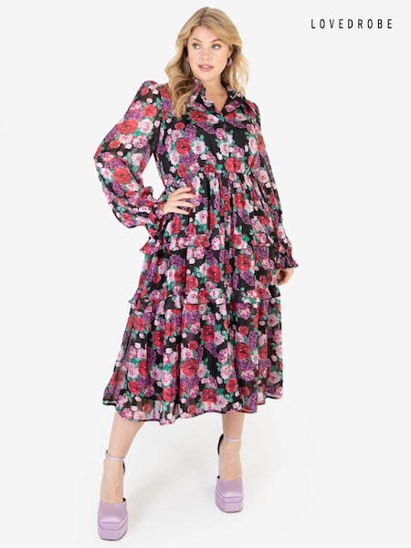 Lovedrobe Black Floral Long Sleeve Midi Shirt Dress (Q89530) | €28