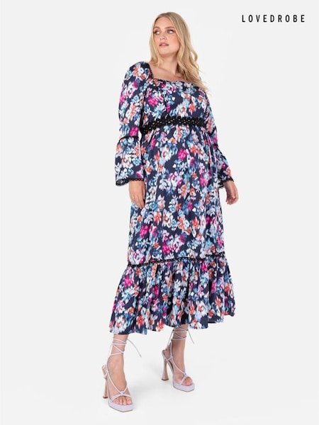 Lovedrobe Blue Print Lace Trimmed Satin Midaxi Dress (Q89547) | €39