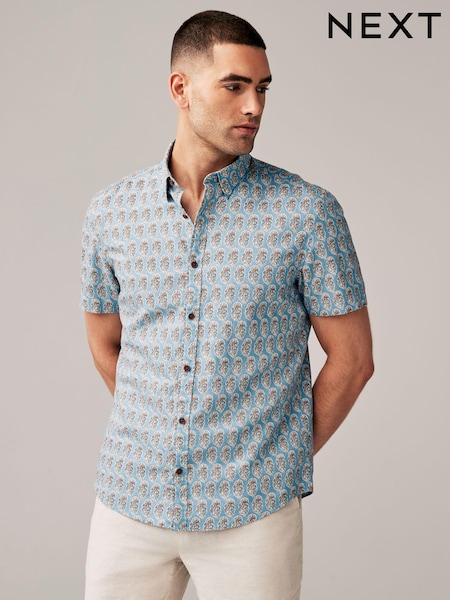 Albastru - Floral Print Short Sleeve Shirt (Q89826) | 119 LEI