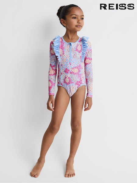Reiss Poppy Floral Print Ruffle Long Sleeve Swimsuit (Q89852) | 70 €