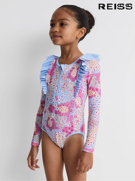 Reiss Pink Poppy 4-9 yrs Floral Print Ruffle Long Sleeve Swimsuit (Q89870) | AED324