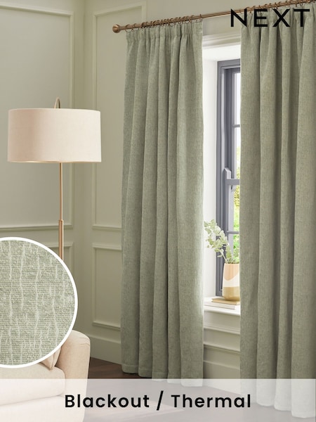 Green Sage Heavyweight Chenille Pencil Pleat Blackout/Thermal Curtains (Q89981) | €92 - €218
