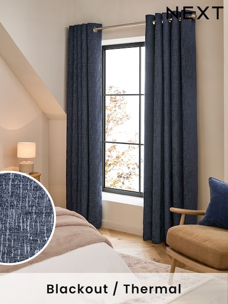 Blue Dark Navy Heavyweight Chenille Eyelet Blackout/Thermal Curtains (Q89983) | R$ 685 - R$ 1,615