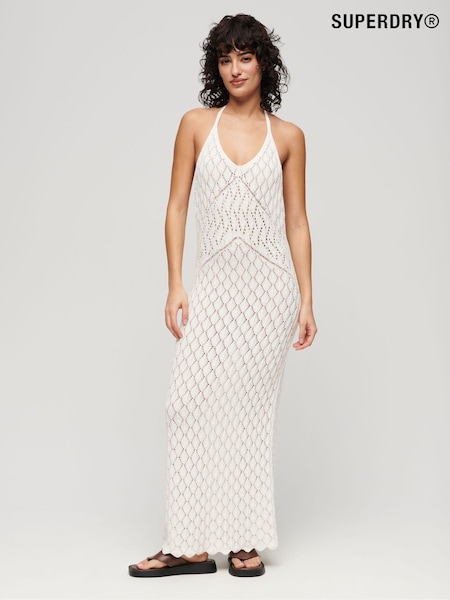 Superdry White 100% Cotton Crochet Halter Maxi Dress (Q90014) | €56