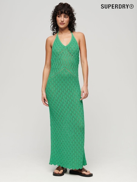 Superdry Green Crochet Halter Maxi 100% Cotton Dress (Q90048) | kr1 522
