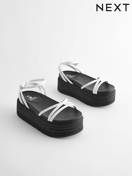 White Extra Wide Fit Chunky Strappy Flatform Sandals (Q90099) | AED30