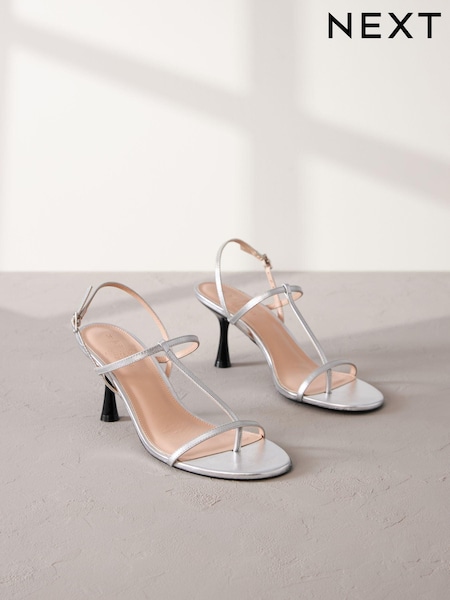 Silver Print Signature Leather Toe Post Heeled Sandals (Q90127) | €27