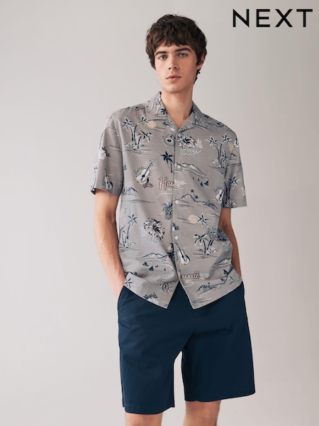 Gri - Printed Floral Short Sleeve Shirt with Cuban Collar (Q90156) | 119 LEI
