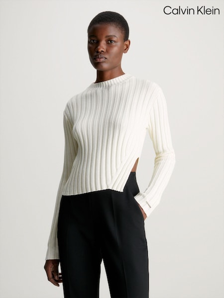 Calvin Klein White Cotton Blend Split Sweater (Q90173) | €122