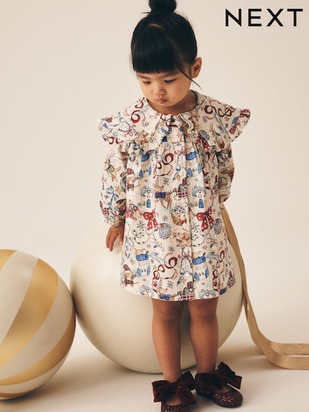 Cream Christmas Santa Bear - Long Sleeve Collar Dress (3mths-7yrs)