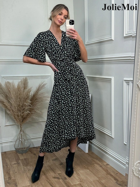 Jolie Moi Black Angel Sleeve Wrap Tie Front Maxi Dress (Q90911) | 185 QAR