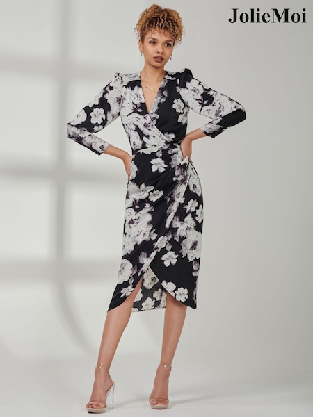 Jolie Moi Black Print Satin Wrap Bodycon Dress (Q90921) | €41