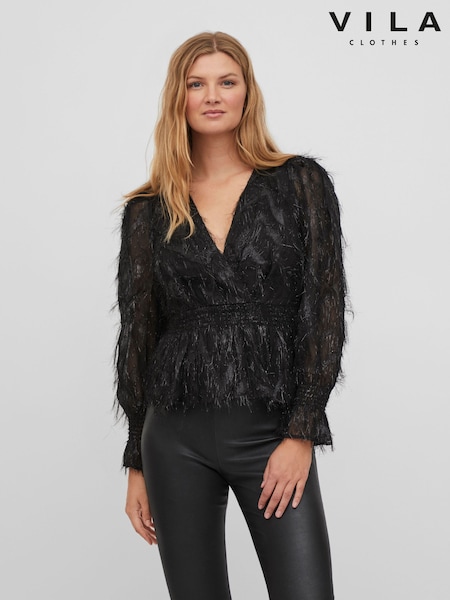 VILA Black Tassel Glitter Detail Long Sleeve V Neck Top (Q90945) | LEI 136