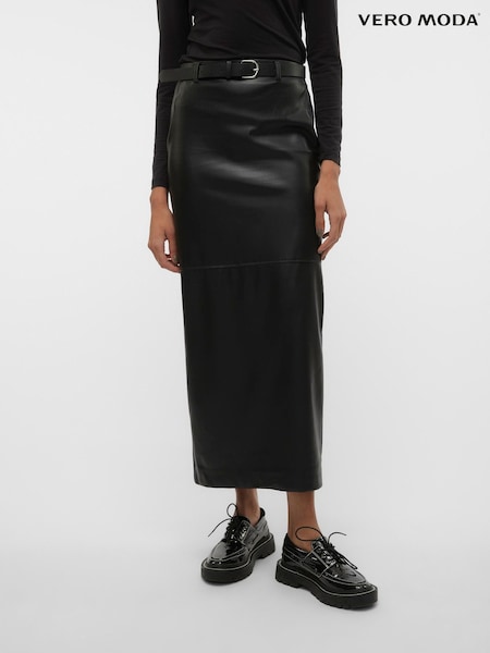 VERO MODA Black Faux Leather Belted Maxi Skirt (Q90950) | €24