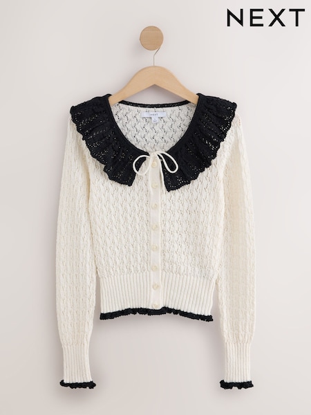 Ecru Mono - Long Sleeve Frill Collar Cardigan