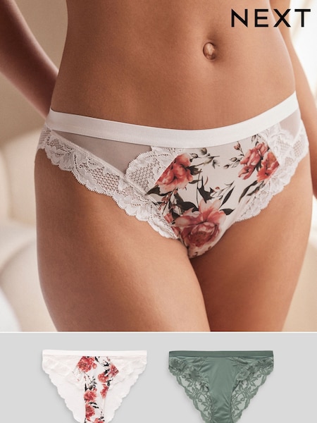 Red Floral Print/Green Lace Trim High Leg Knickers 2 Pack (Q91011) | €8