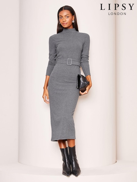 Lipsy Grey Cosy Belted High Neck Coloumn Midi Jumper Dress (Q91019) | €18