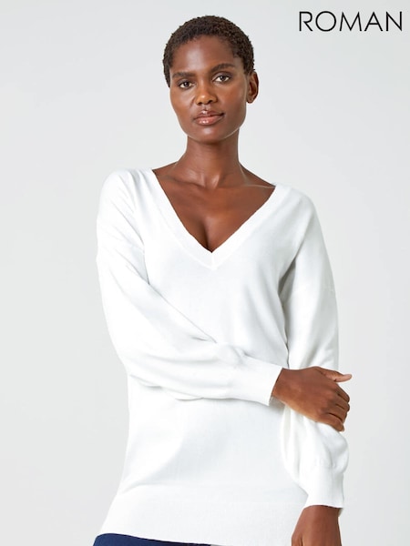 Roman White V-Neck Long Sleeve Jumper (Q91056) | 198 QAR