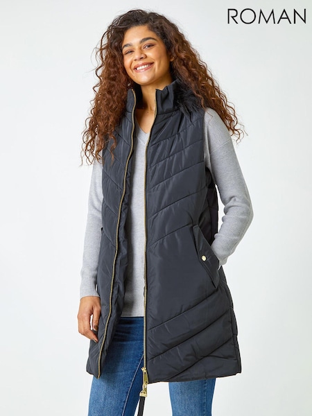 Roman Blue Quilted Faux Fur Hood Longline Gilet (Q91084) | €54