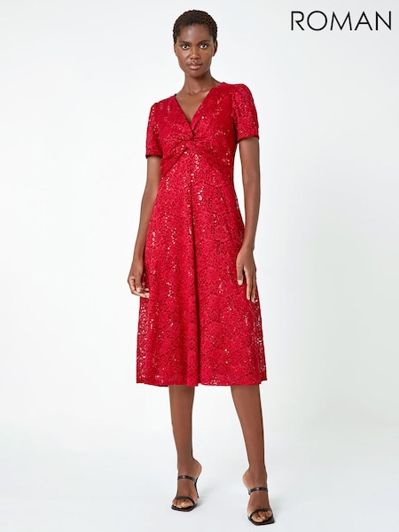 Roman Red Sequin Lace Twist Front Midi Dress (Q91103) | €38