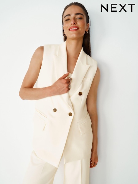 Ecru Longline Sleeveless Double Breasted Blazer (Q91154) | €32
