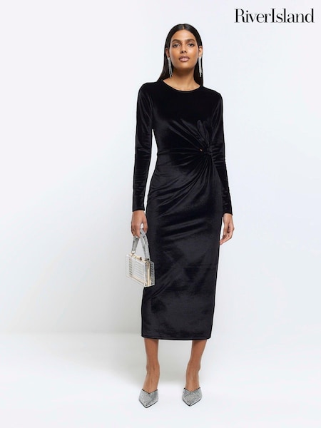 River Island Black Long Sleeves Twist Velvet Midi Dress (Q91180) | € 12